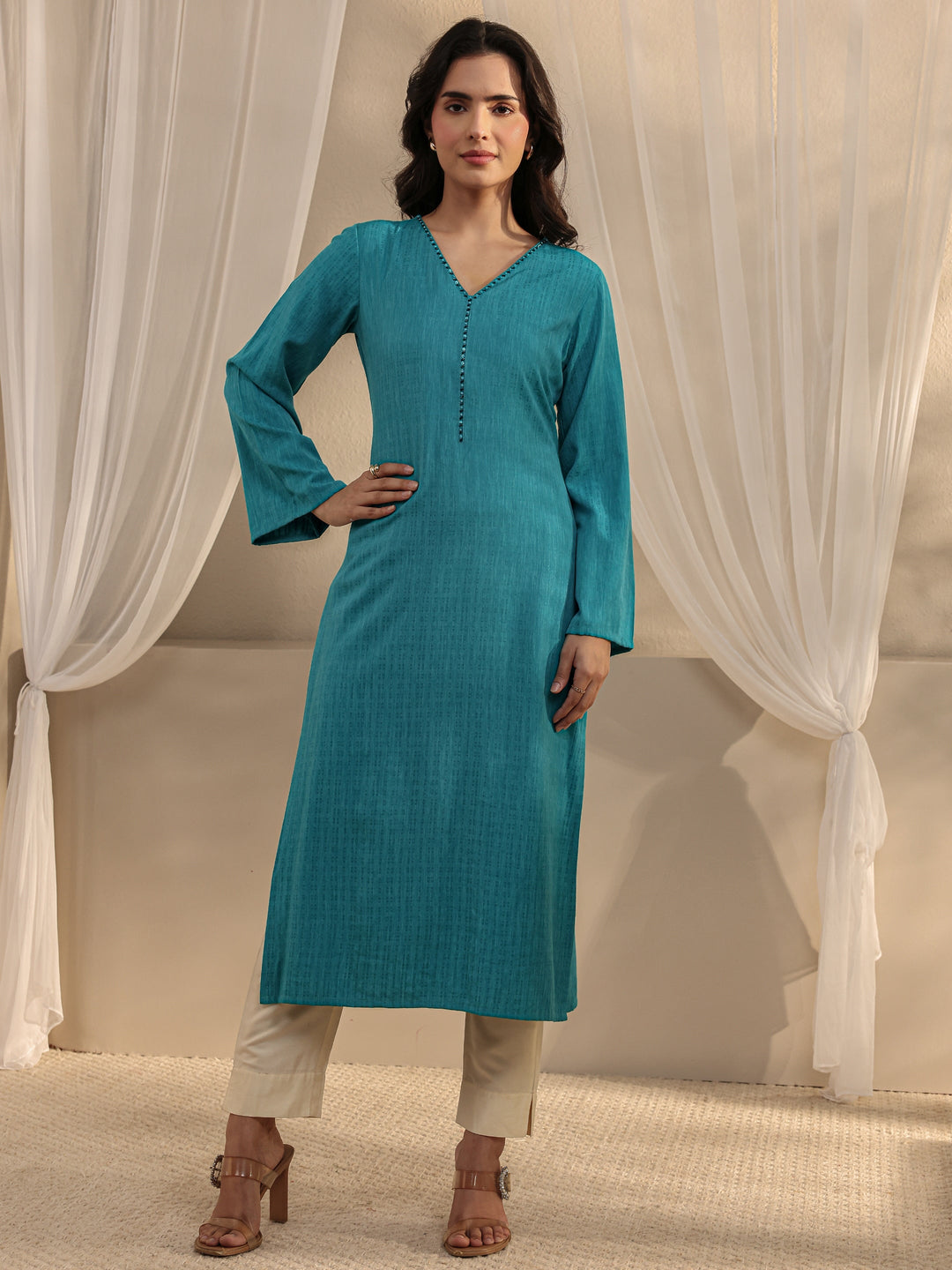 Blue Solid Rayon Straight Kurta
