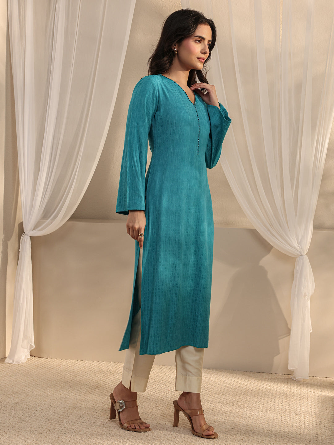 Blue Solid Rayon Straight Kurta