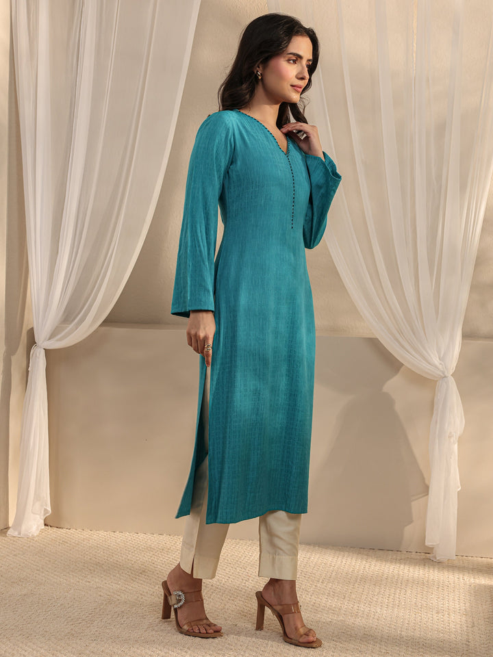 Blue Solid Rayon Straight Kurta
