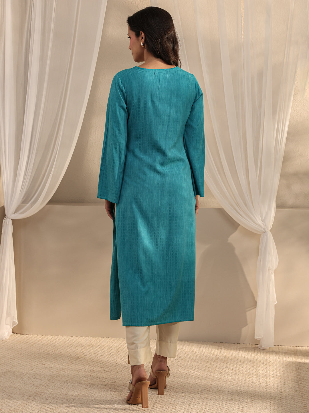 Blue Solid Rayon Straight Kurta