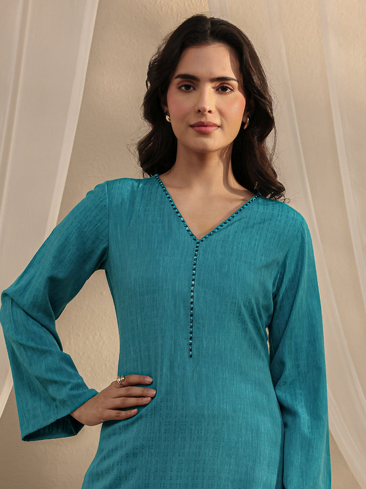 Blue Solid Rayon Straight Kurta