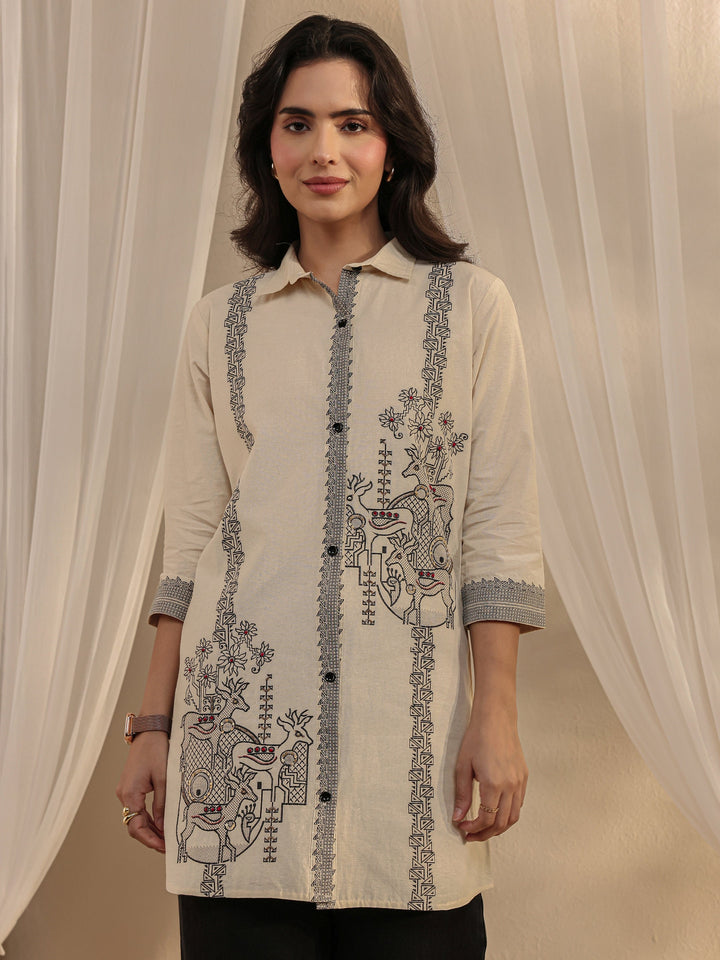 Off White Ethnic Woven Design Cotton Shirt