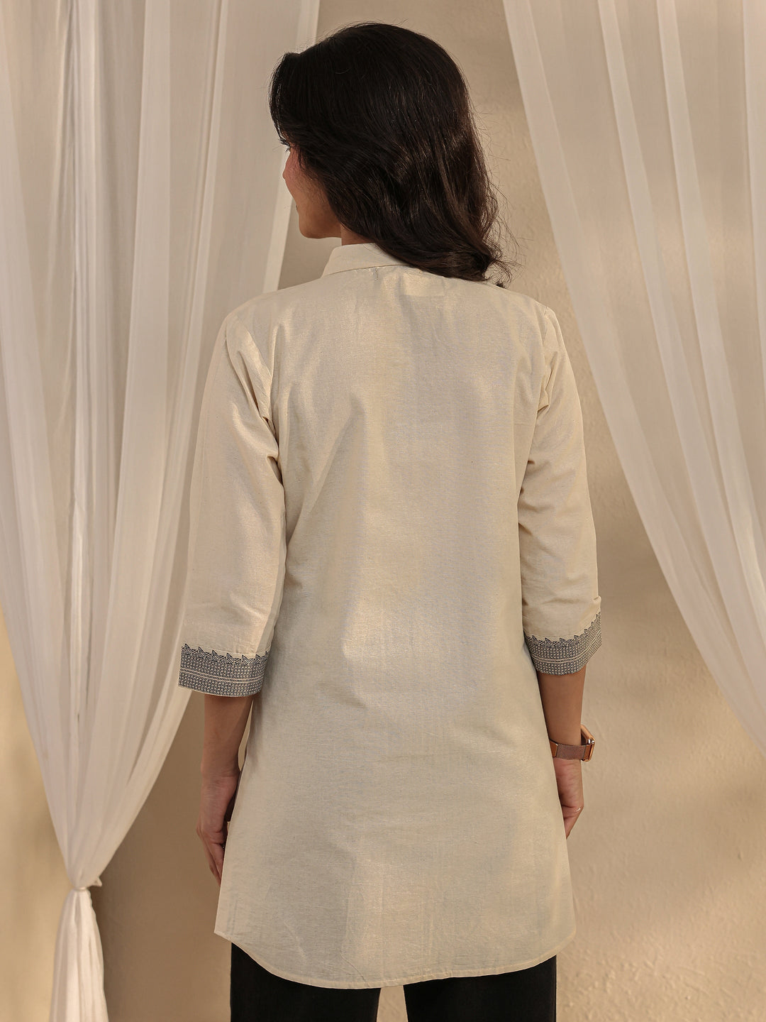 Off White Ethnic Woven Design Cotton Shirt