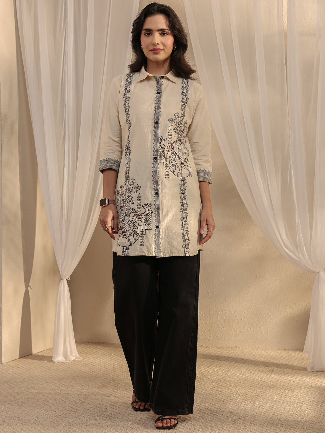 Off White Ethnic Woven Design Cotton Shirt