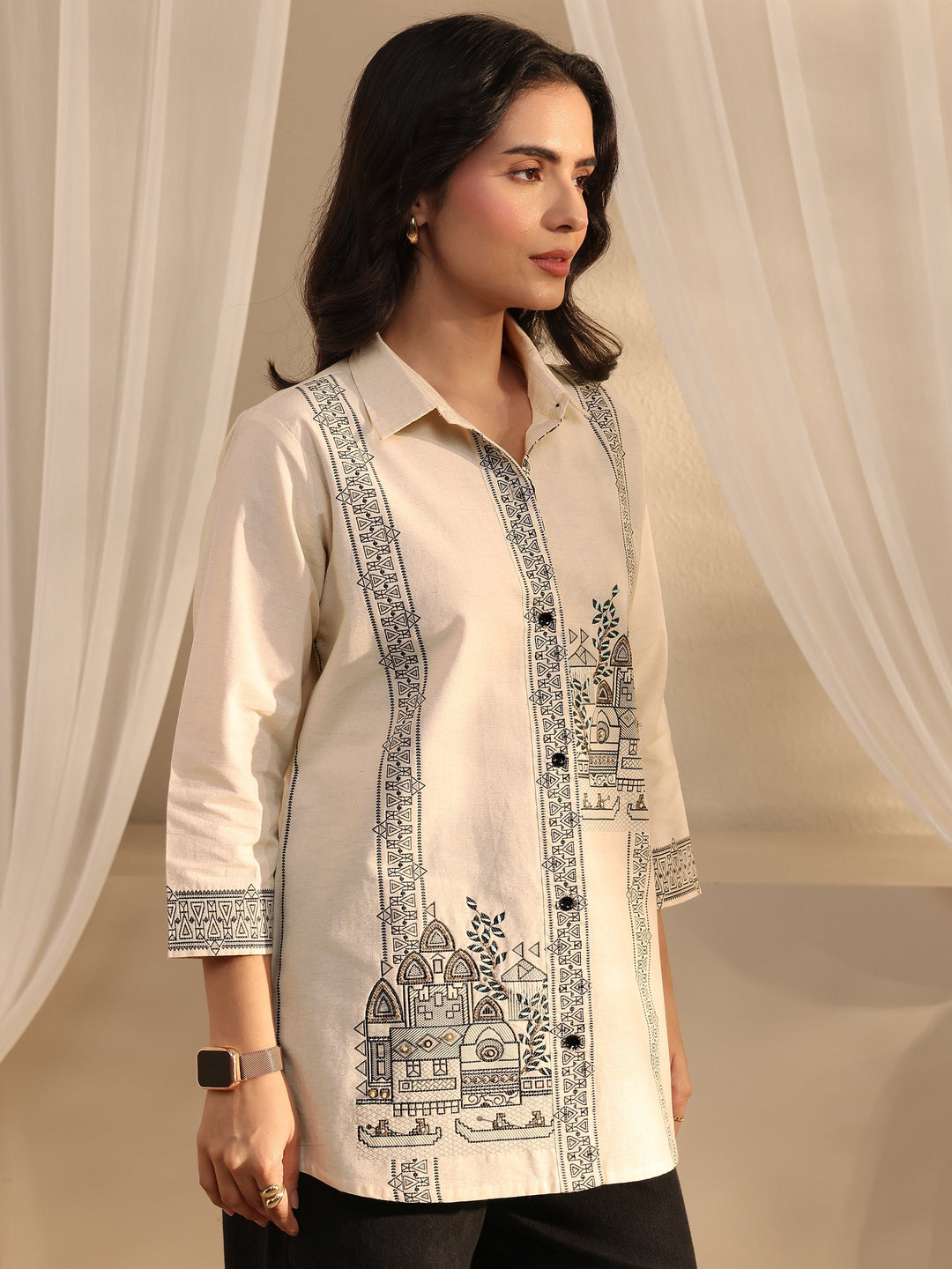 Off White Ethnic Woven Design Cotton Shirt