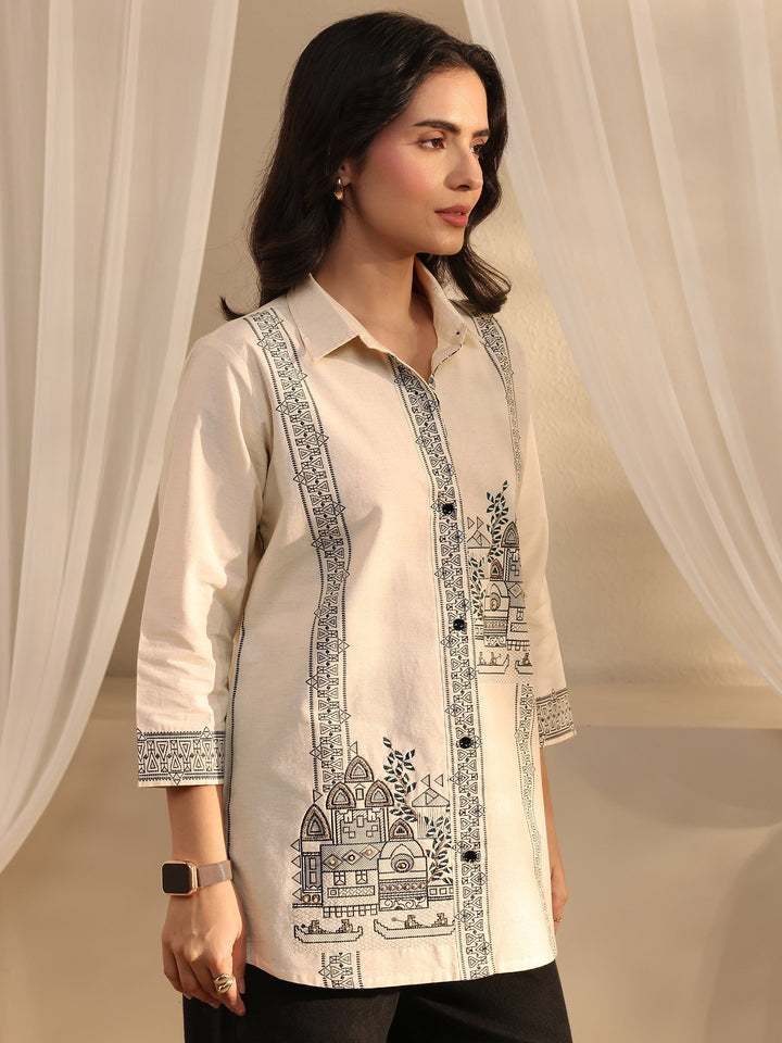 Off White Ethnic Woven Design Cotton Shirt