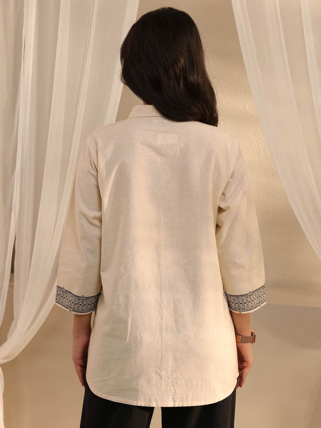 Off White Ethnic Woven Design Cotton Shirt