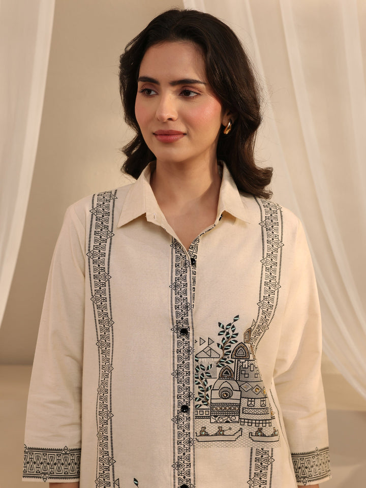 Off White Ethnic Woven Design Cotton Shirt