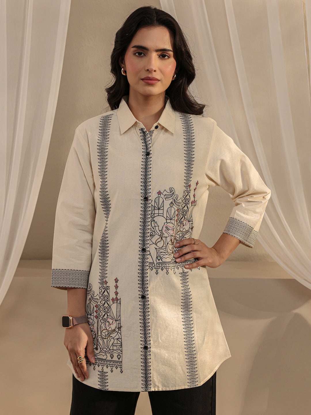 Off White Ethnic Woven Design Cotton Shirt