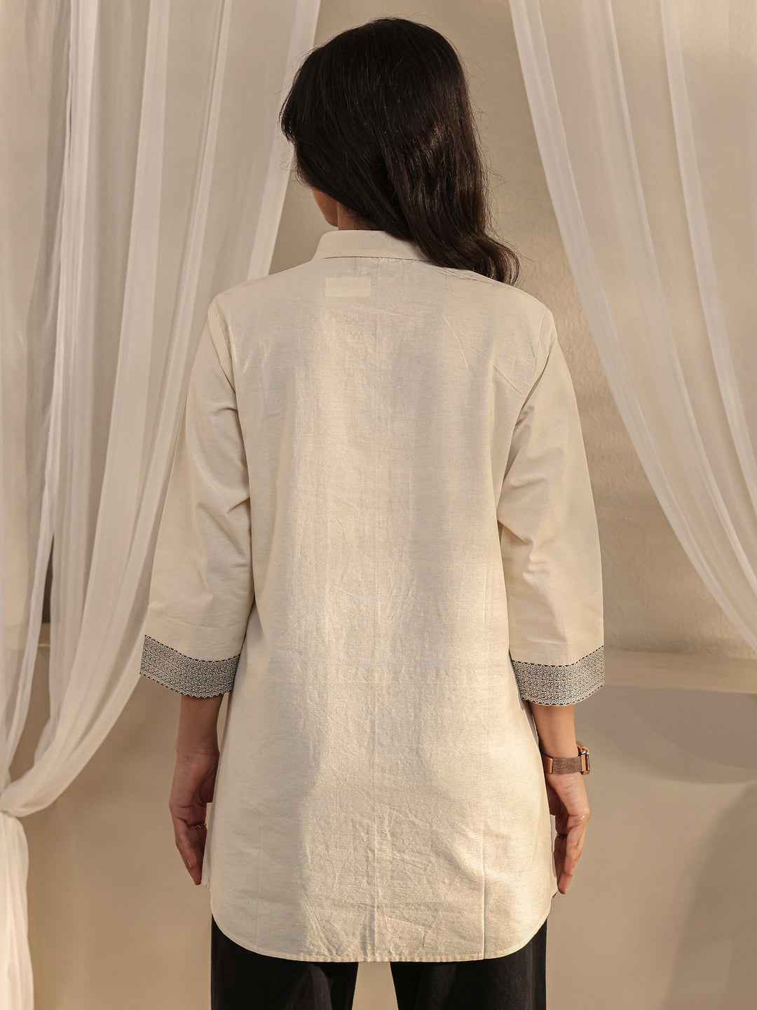 Off White Ethnic Woven Design Cotton Shirt