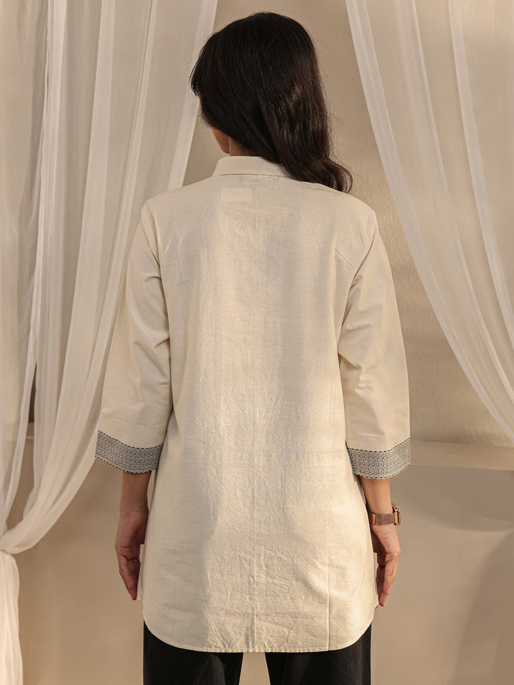 Off White Ethnic Woven Design Cotton Shirt