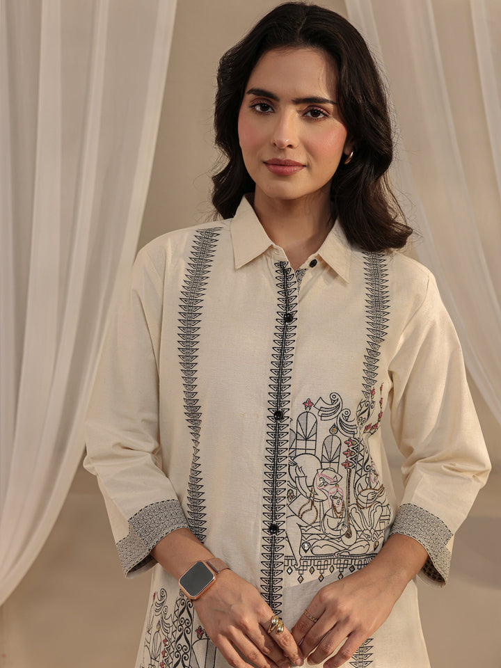 Off White Ethnic Woven Design Cotton Shirt
