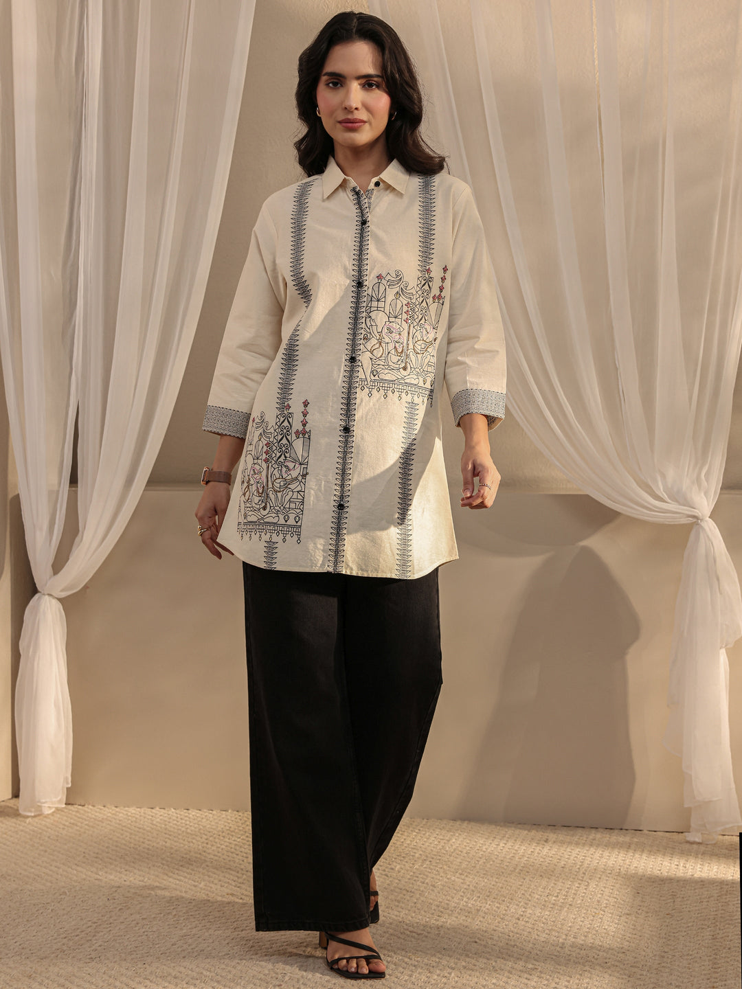 Off White Ethnic Woven Design Cotton Shirt