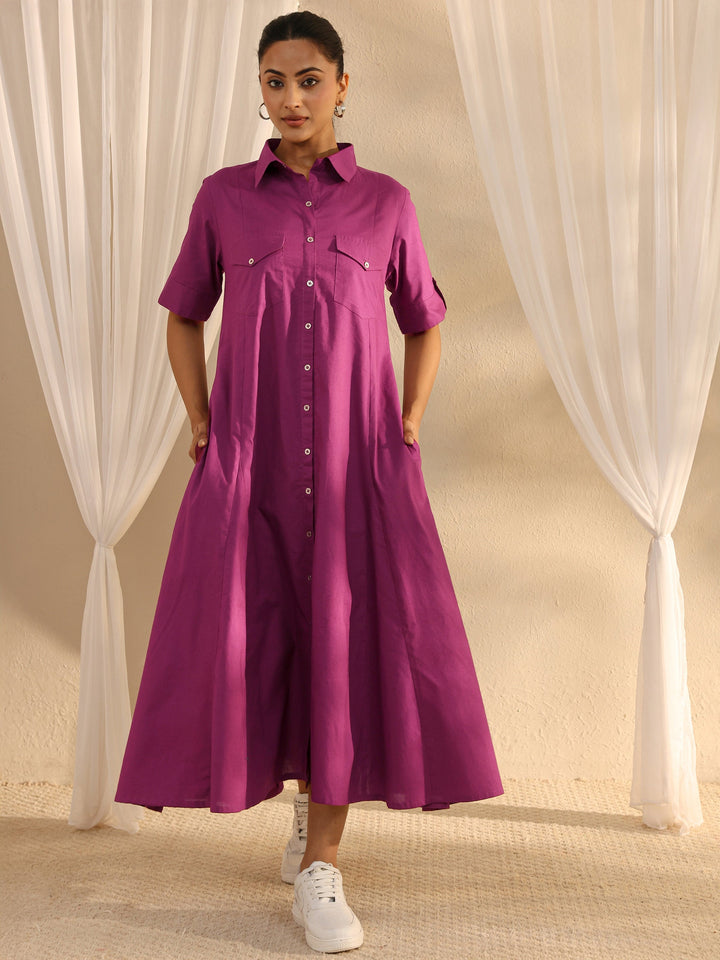 Burgundy Shirt Style Cotton A-Line One Piece Dress