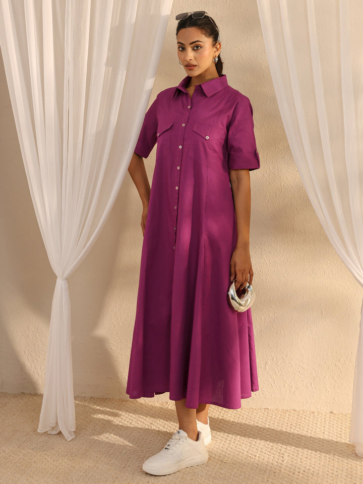 Burgundy Shirt Style Cotton A-Line One Piece Dress