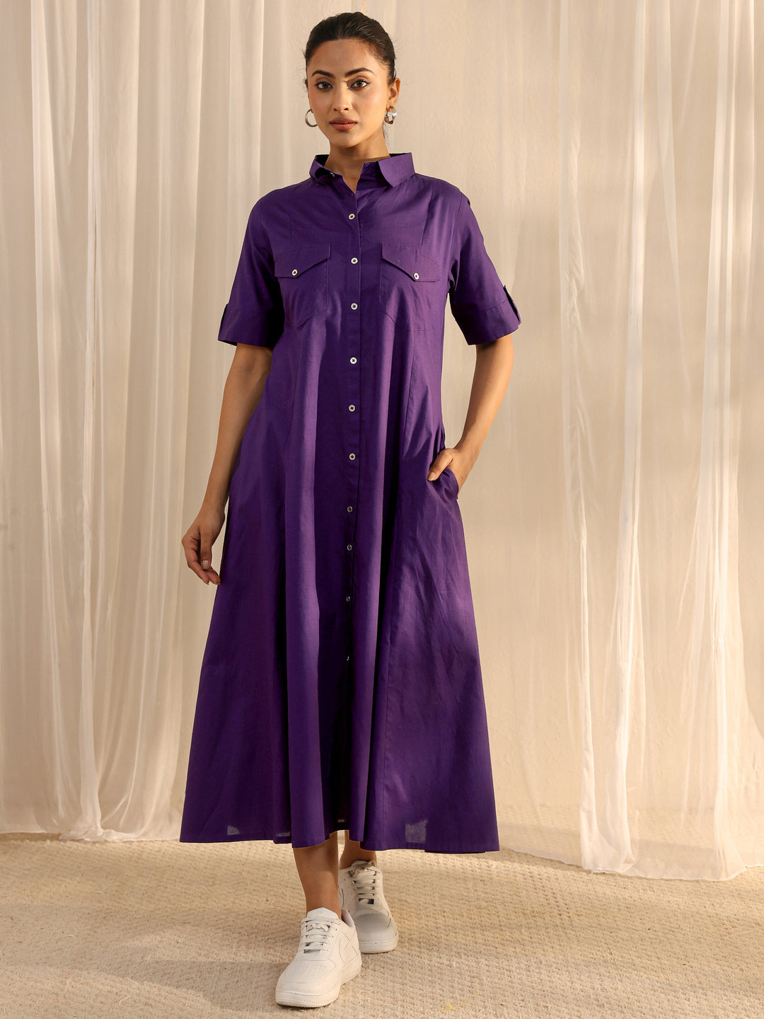 Purple Shirt Style Cotton A-Line One Piece Dress