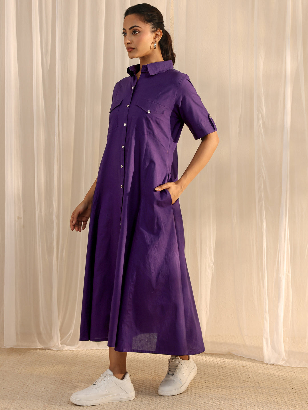 Purple Shirt Style Cotton A-Line One Piece Dress
