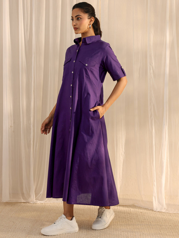 Purple Shirt Style Cotton A-Line One Piece Dress