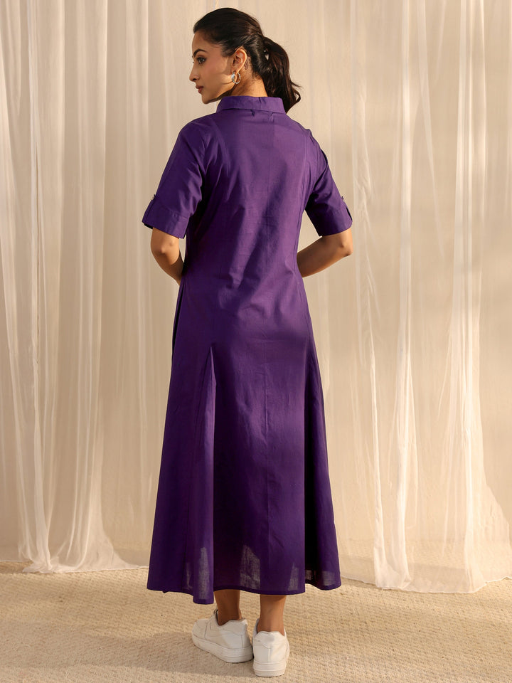 Purple Shirt Style Cotton A-Line One Piece Dress