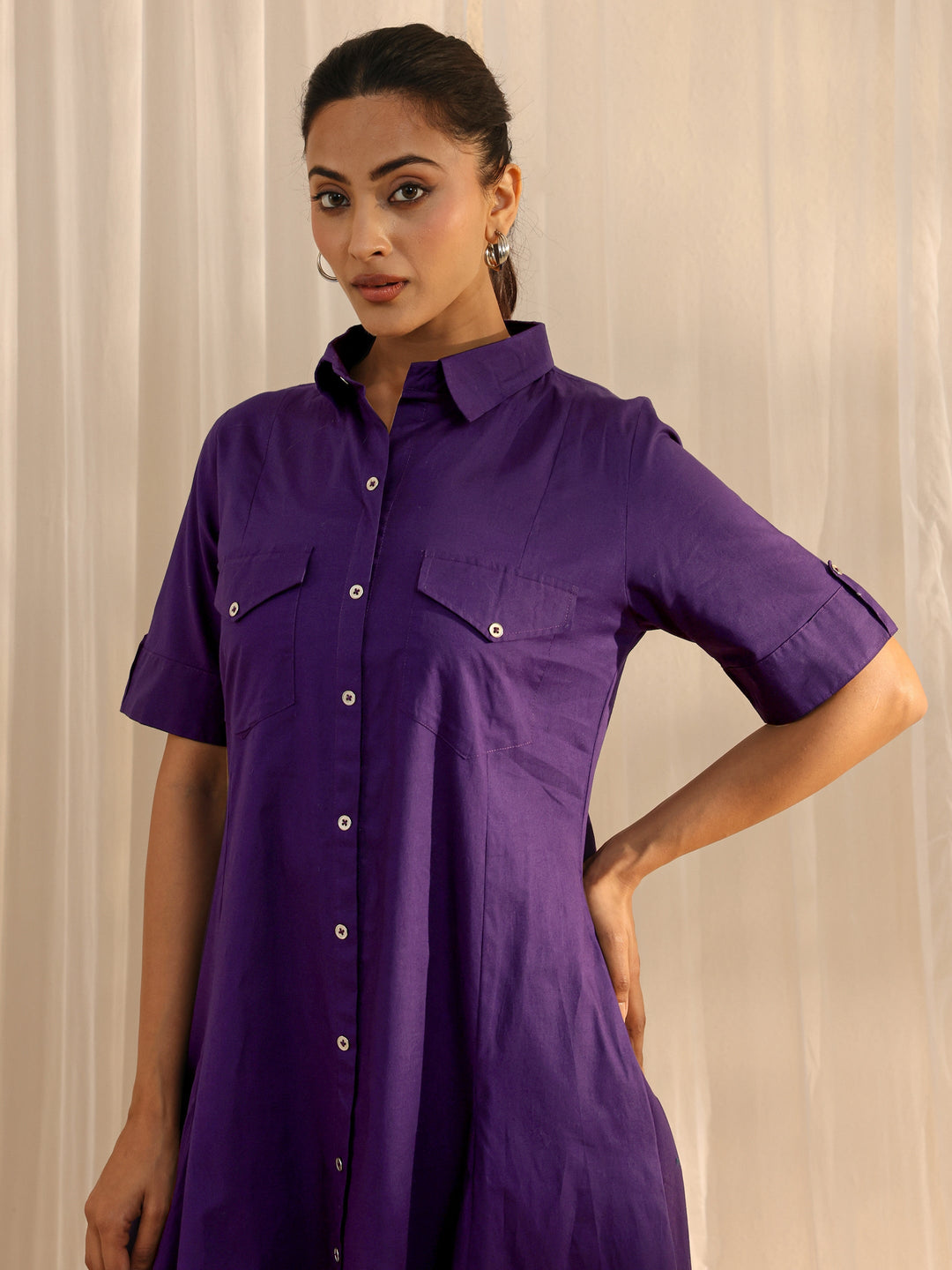 Purple Shirt Style Cotton A-Line One Piece Dress
