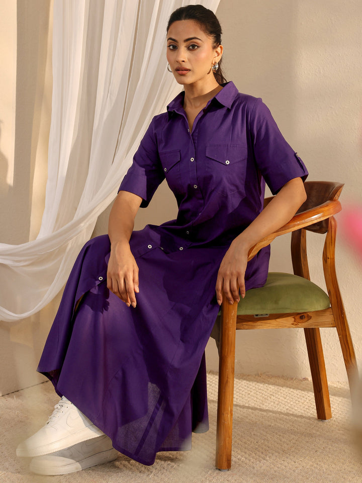 Purple Shirt Style Cotton A-Line One Piece Dress