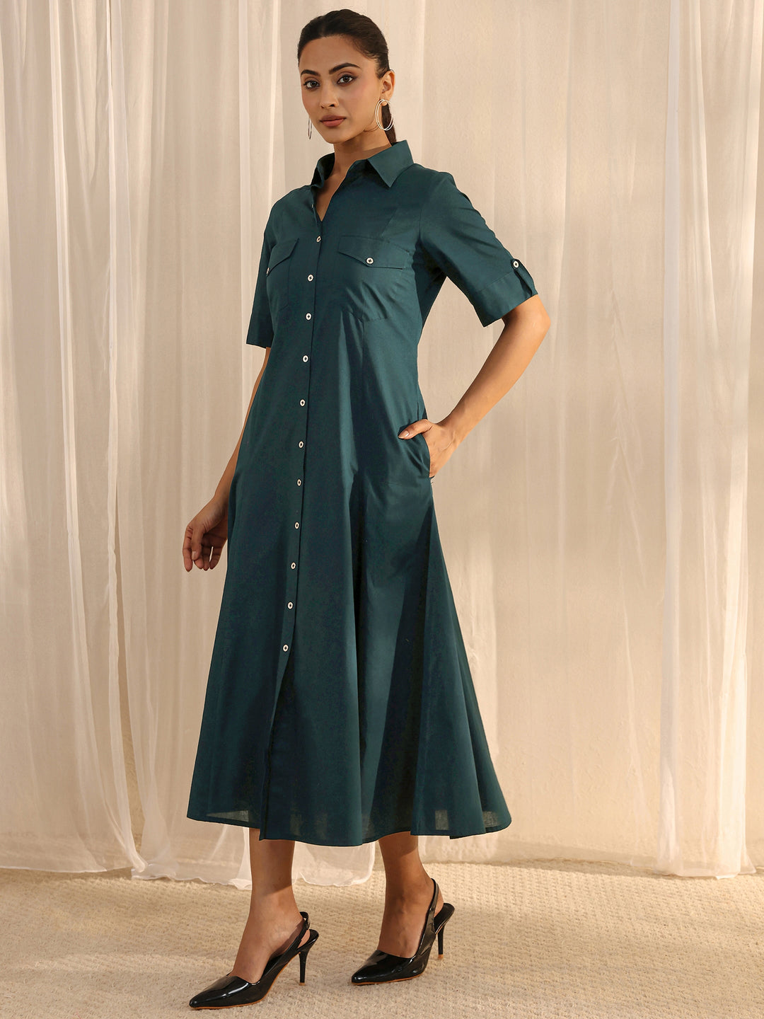 Green Shirt Style Cotton A-Line One Piece Dress