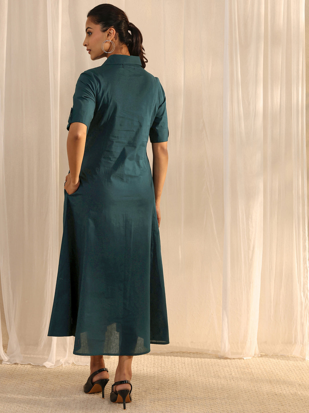 Green Shirt Style Cotton A-Line One Piece Dress