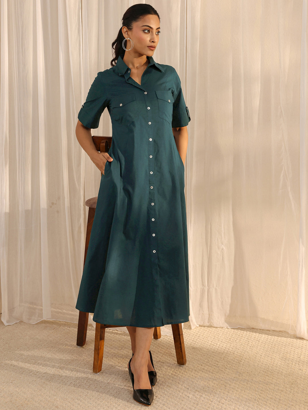 Green Shirt Style Cotton A-Line One Piece Dress