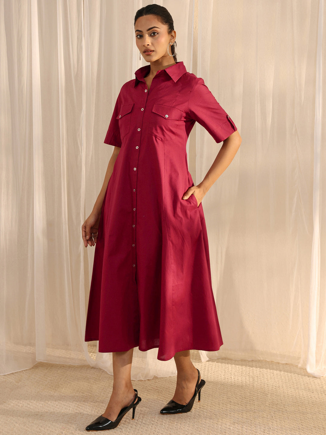 Red Shirt Style Cotton A-Line One Piece Dress