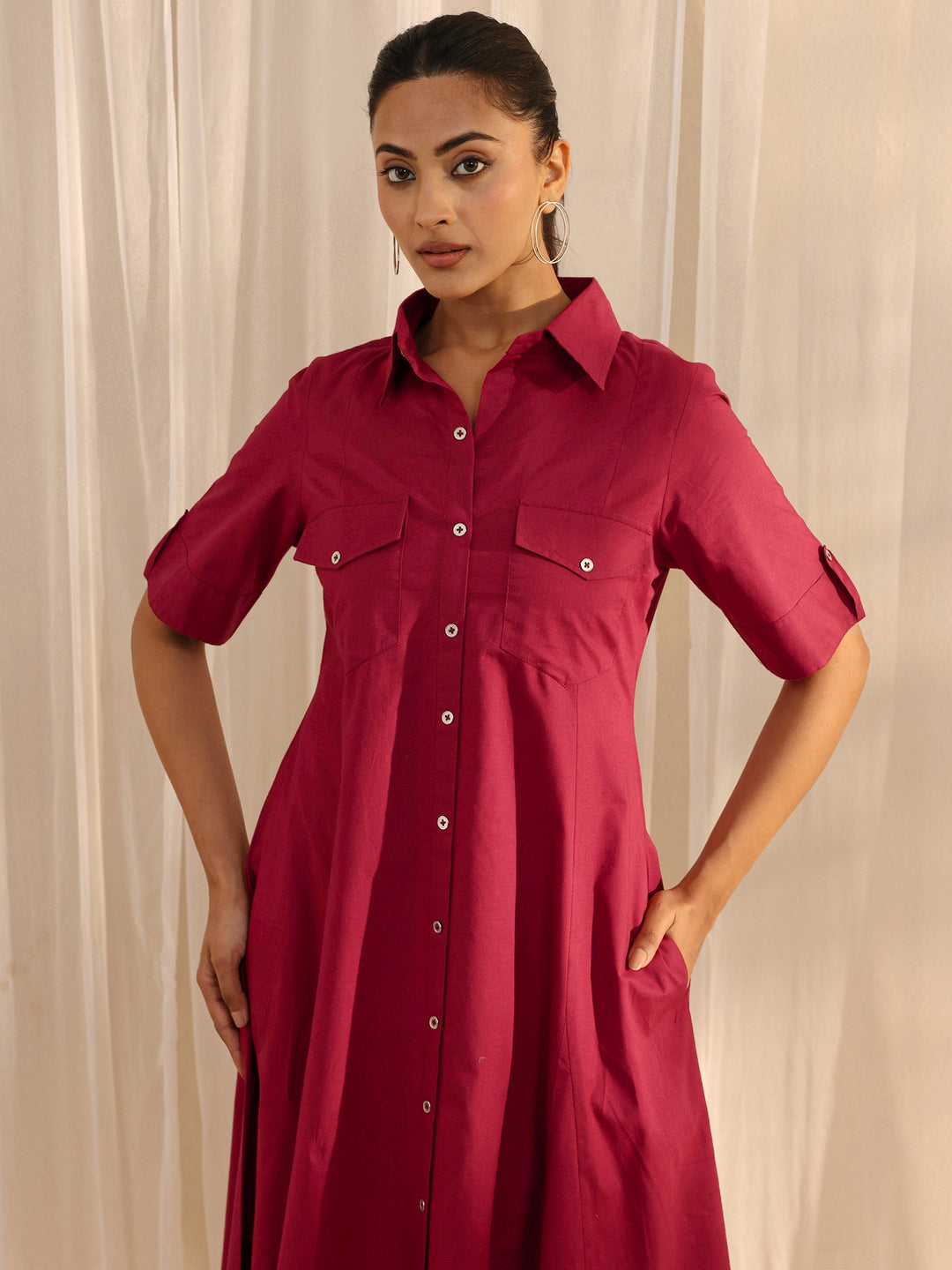 Red Shirt Style Cotton A-Line One Piece Dress