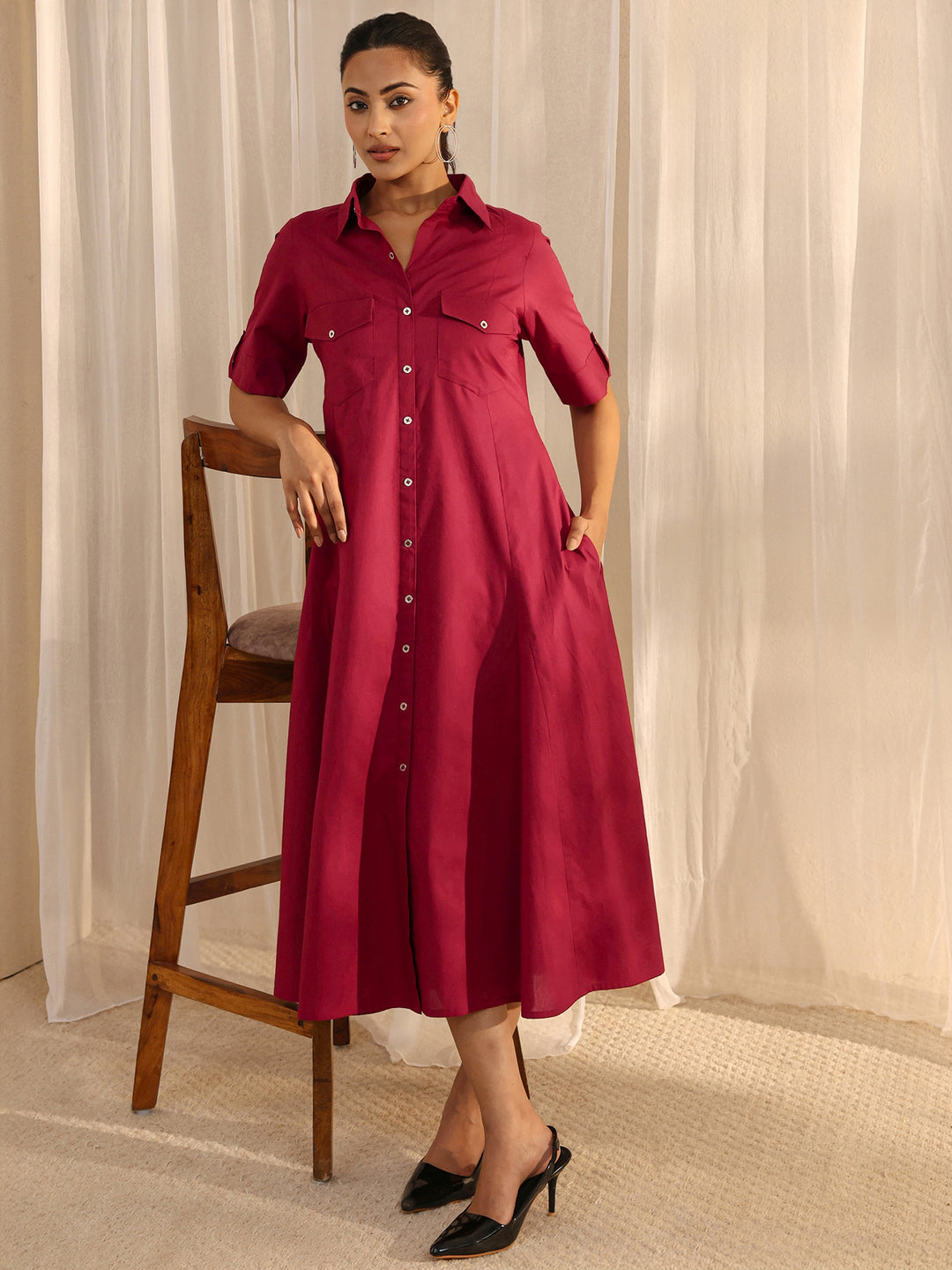 Red Shirt Style Cotton A-Line One Piece Dress