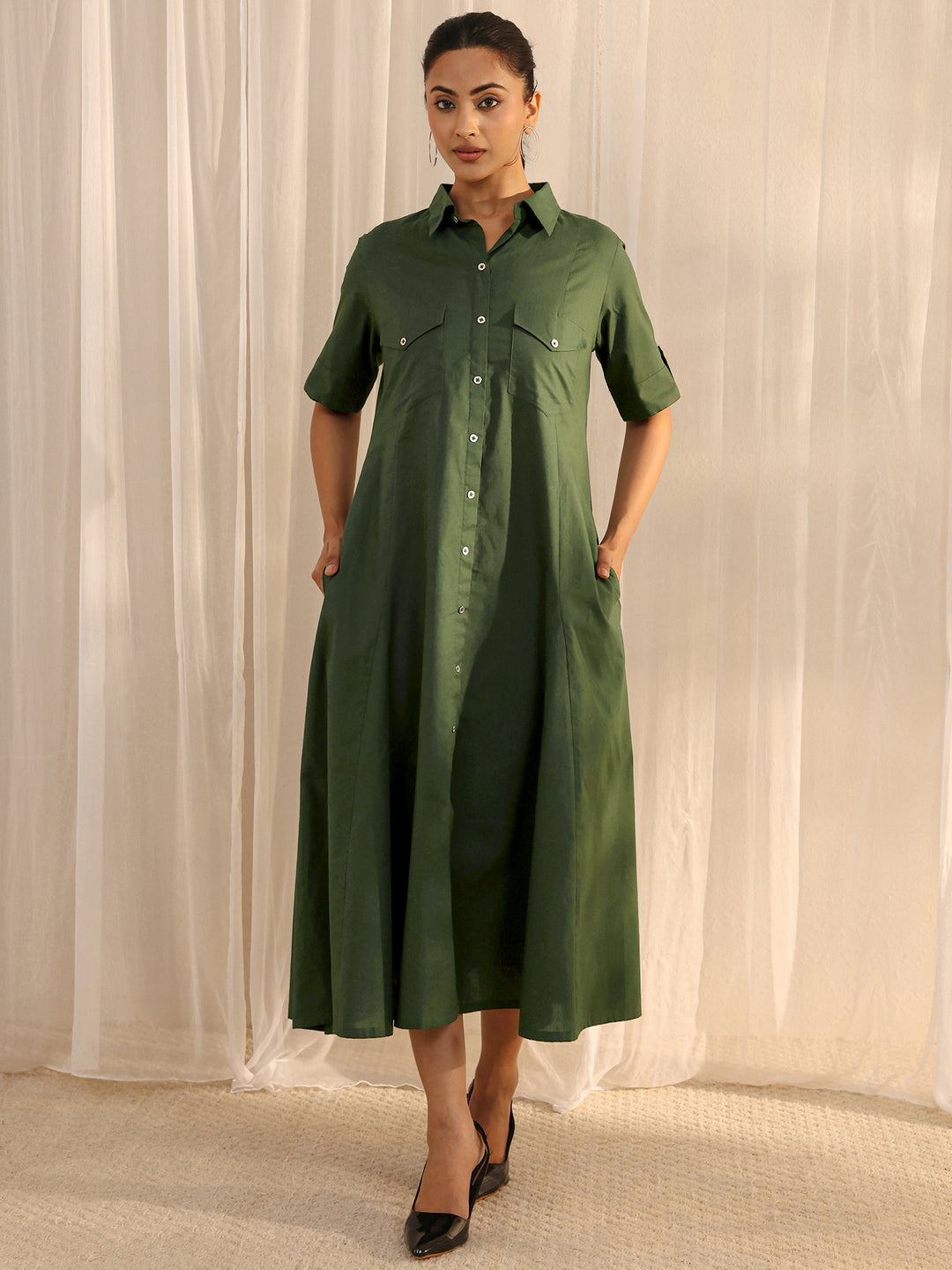 Green Shirt Style Cotton A-Line One Piece Dress