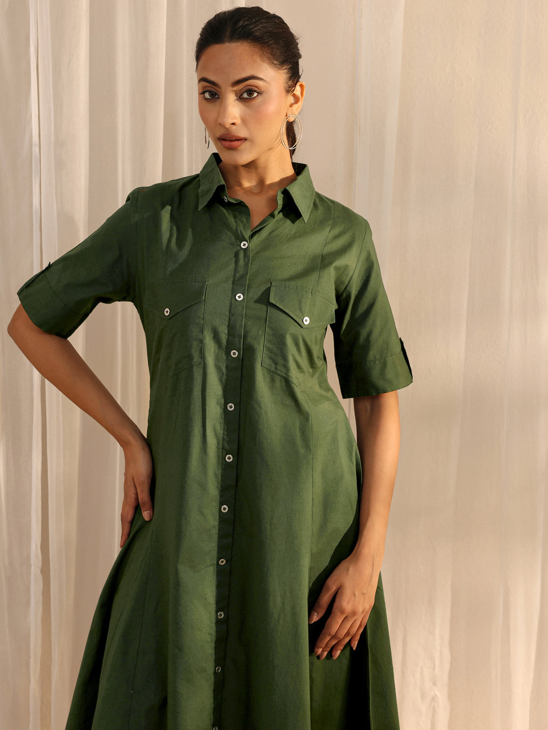 Green Shirt Style Cotton A-Line One Piece Dress