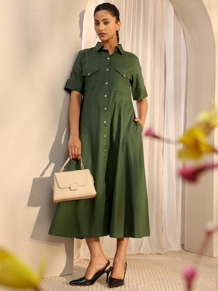 Green Shirt Style Cotton A-Line One Piece Dress