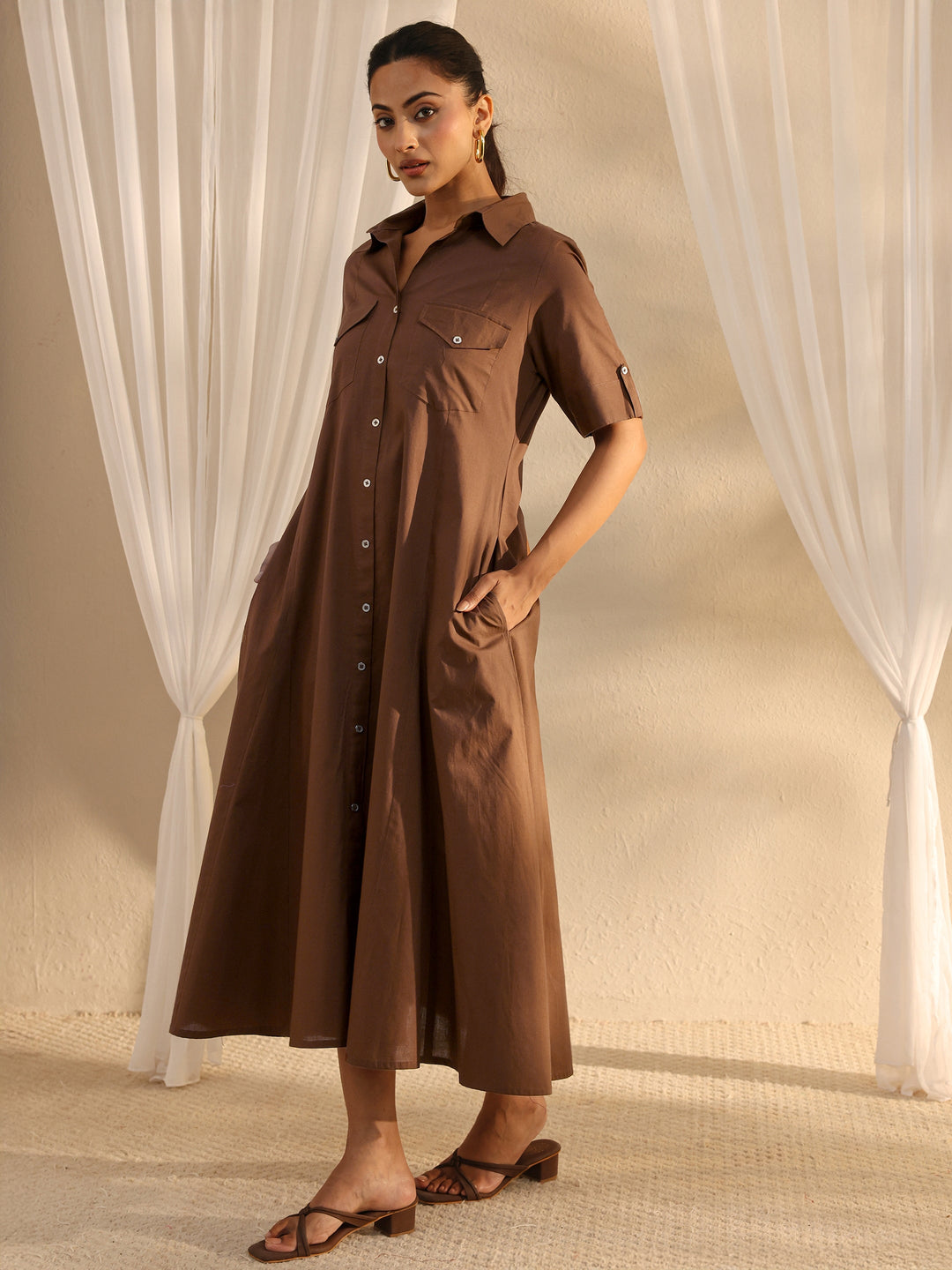 Brown Shirt Style Cotton A-Line One Piece Dress