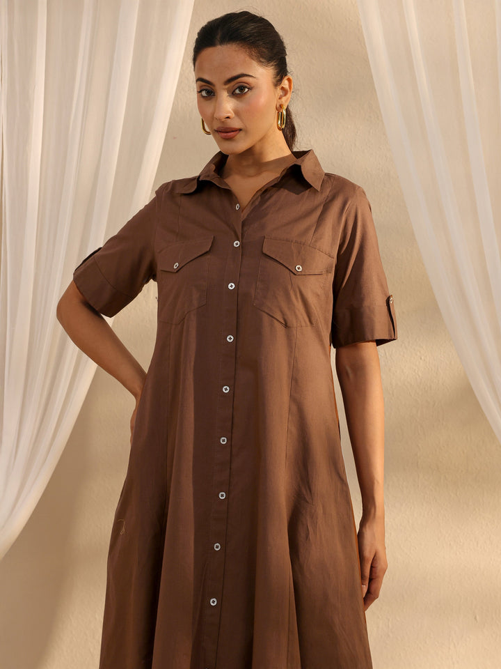 Brown Shirt Style Cotton A-Line One Piece Dress