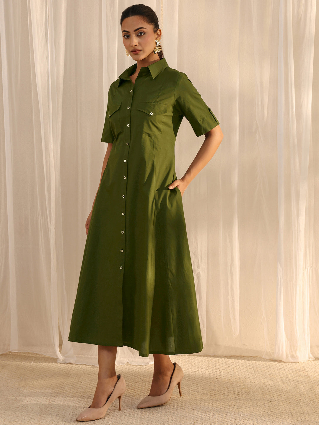 Green Shirt Style Cotton A-Line One Piece Dress