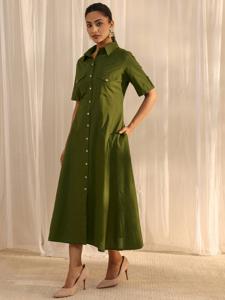 Green Shirt Style Cotton A-Line One Piece Dress