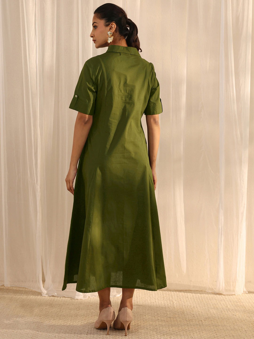 Green Shirt Style Cotton A-Line One Piece Dress