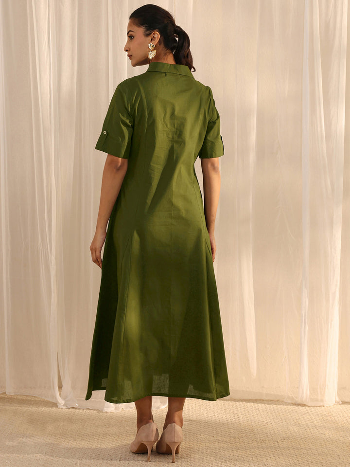 Green Shirt Style Cotton A-Line One Piece Dress