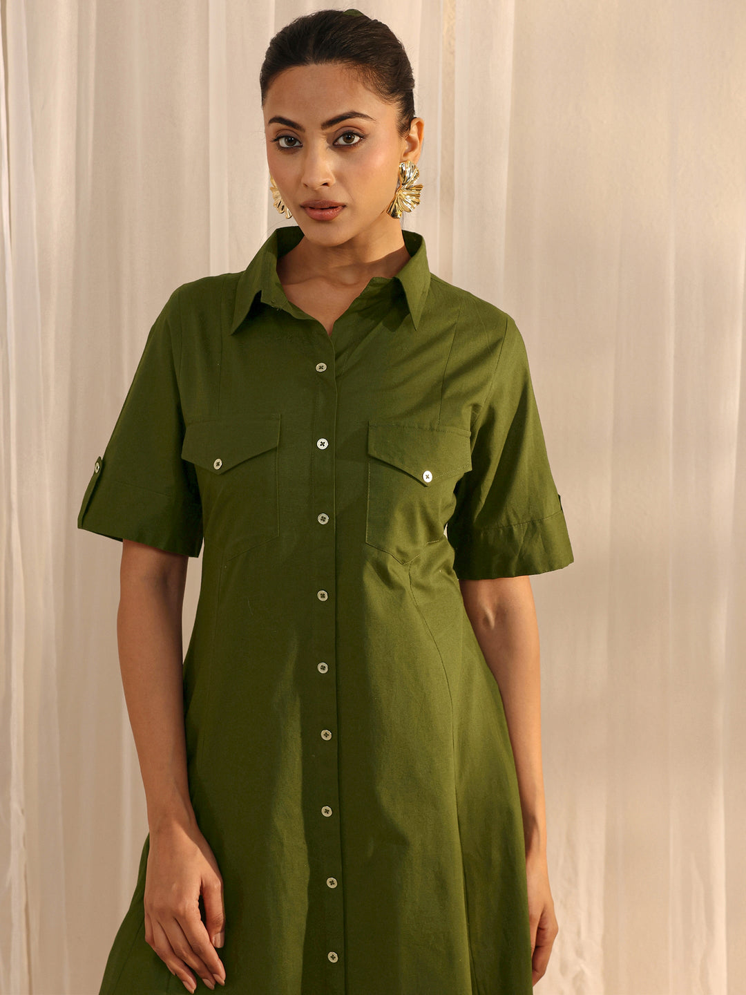Green Shirt Style Cotton A-Line One Piece Dress