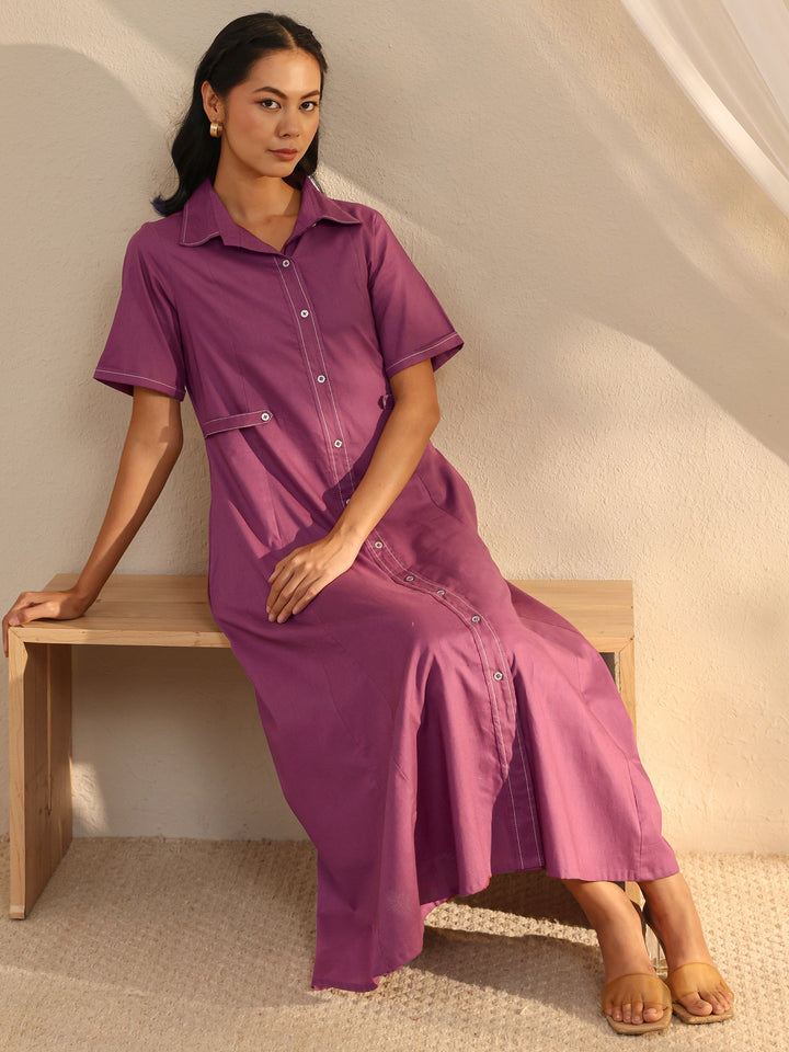 Mauve Shirt Style Cotton A-Line One Piece Dress