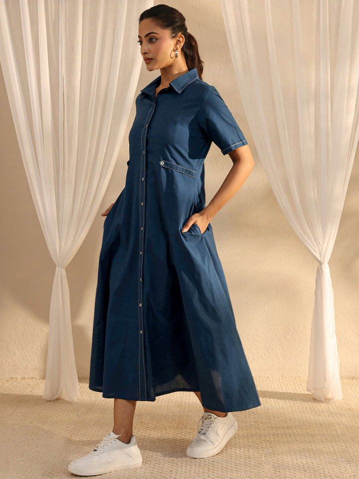Blue Shirt Style Cotton A-Line One Piece Dress