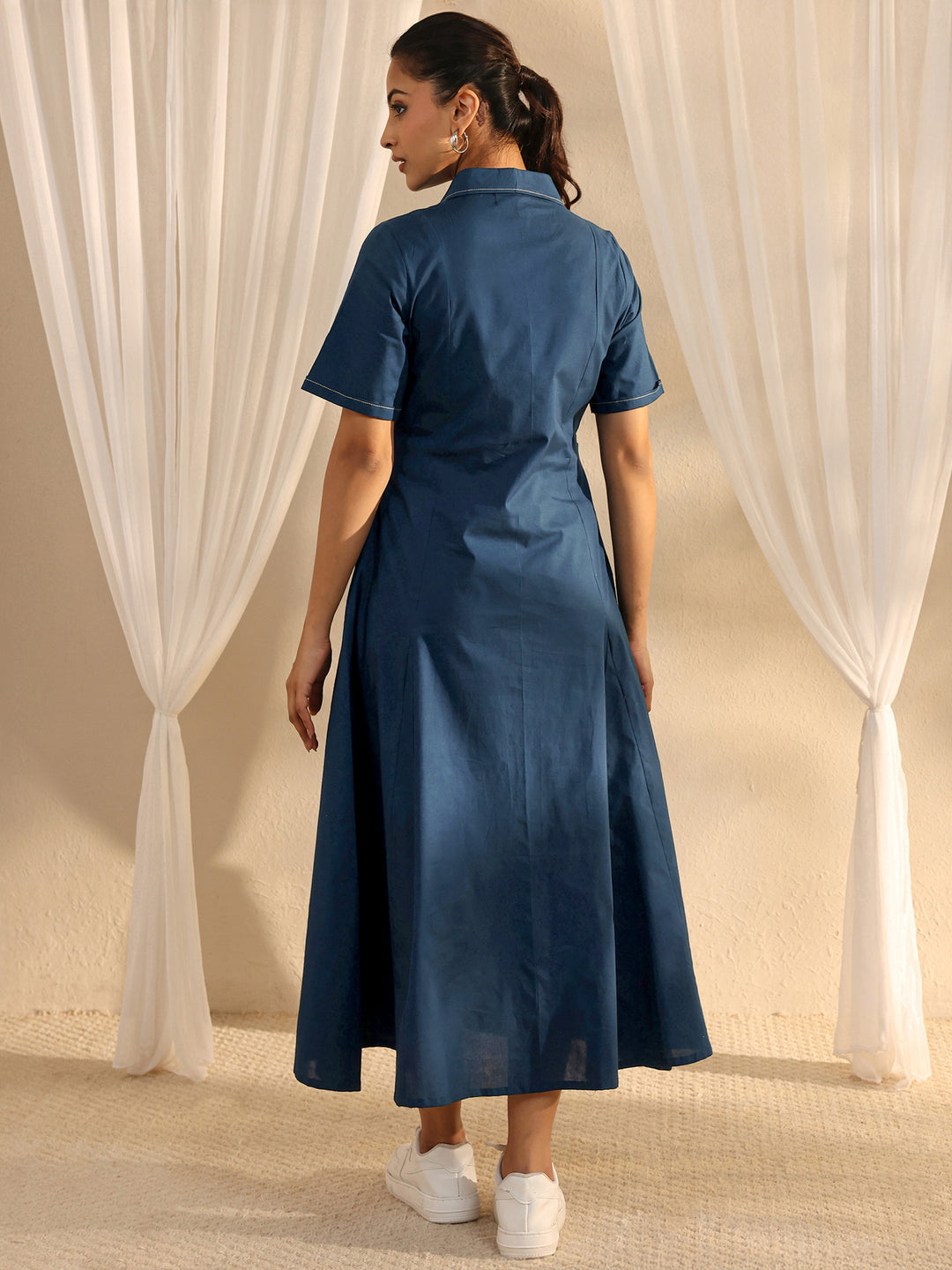 Blue Shirt Style Cotton A-Line One Piece Dress