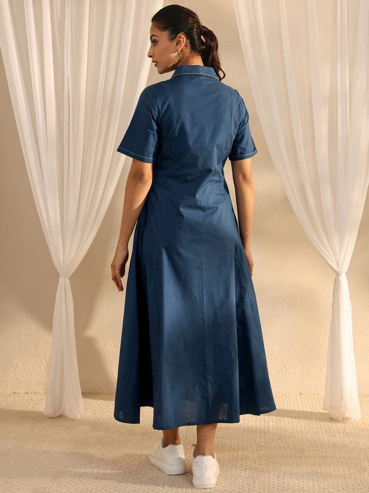 Blue Shirt Style Cotton A-Line One Piece Dress