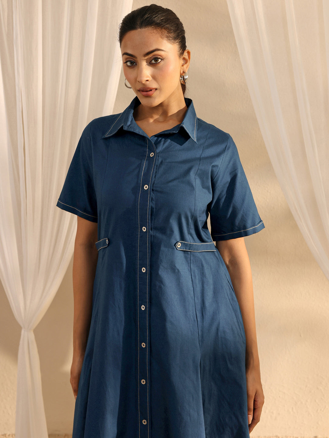 Blue Shirt Style Cotton A-Line One Piece Dress