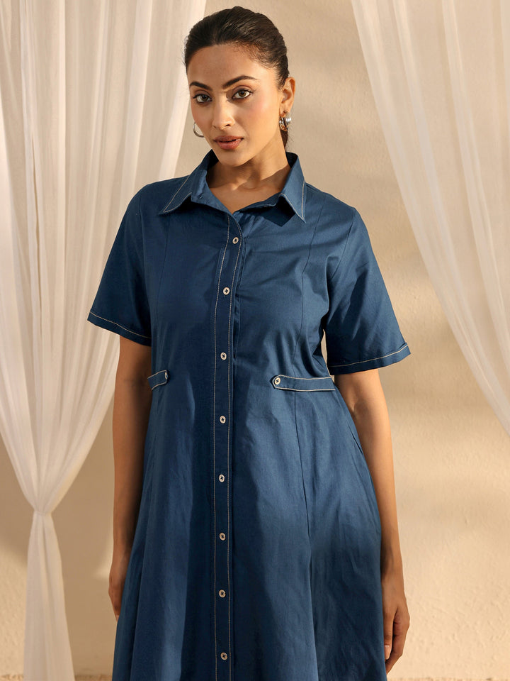 Blue Shirt Style Cotton A-Line One Piece Dress