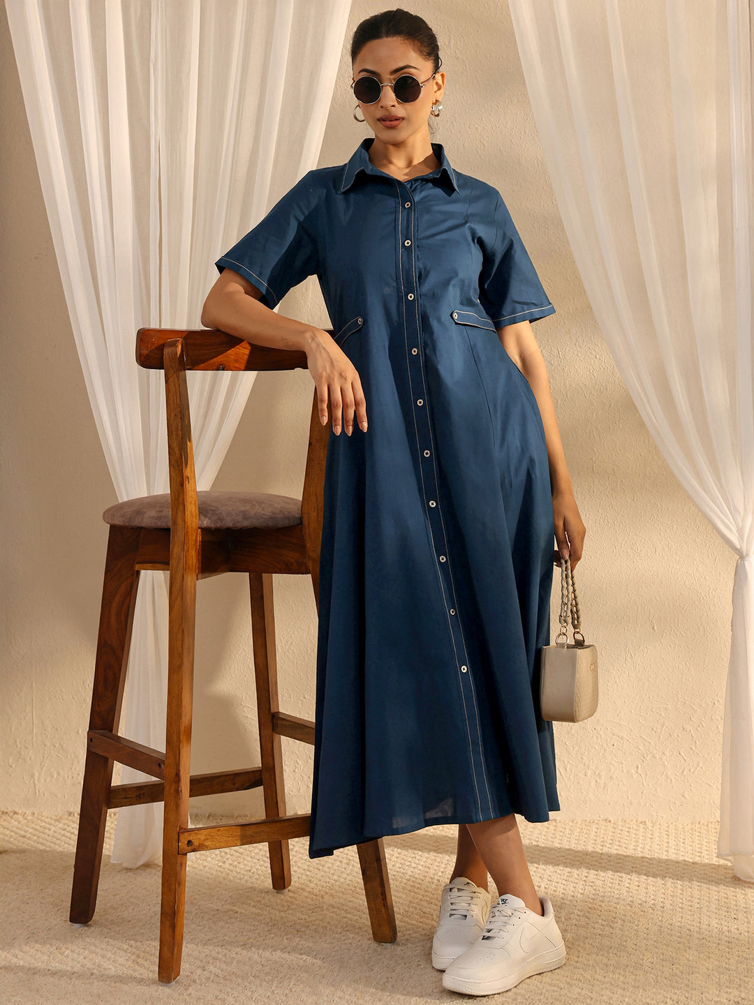 Blue Shirt Style Cotton A-Line One Piece Dress