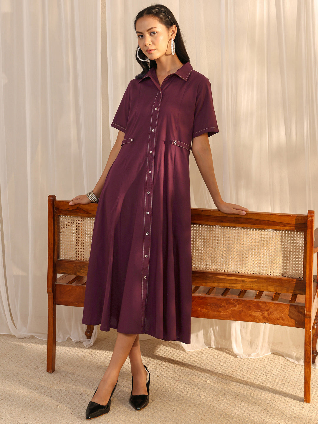 Burgundy Shirt Style Cotton A-Line One Piece Dress