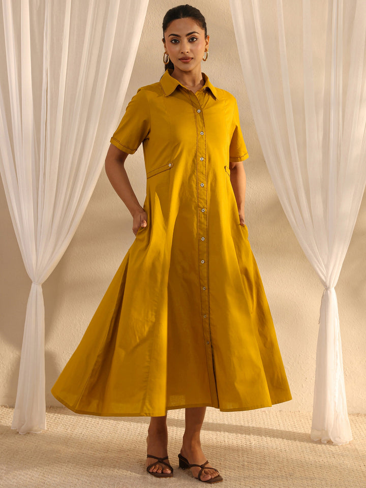 Mustard Shirt Style Cotton A-Line One Piece Dress